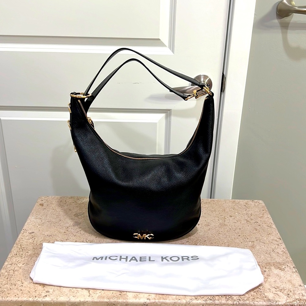Michael Kors black leather gold hardware full zip shoulder hobo adjustable strap
